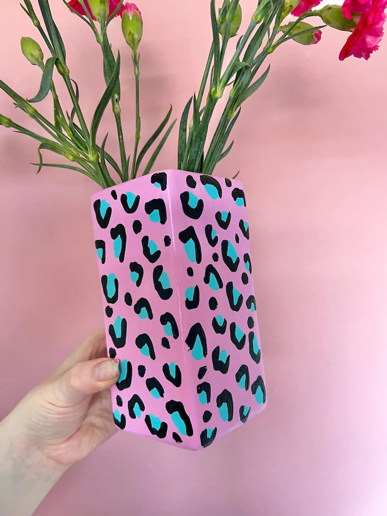 Leopard Print Vase Pink and Blue Ceramic Flower Gift Animal Print Quirky Eclectic Home Decor