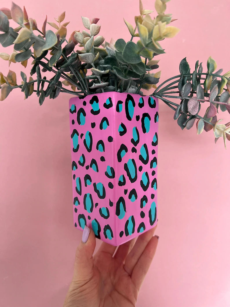 Leopard Print Vase Pink and Blue Ceramic Flower Gift Animal Print Quirky Eclectic Home Decor