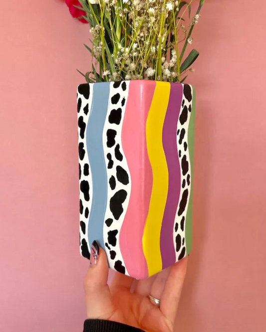Eclectic Colourful Ceremic Vase Hand Painted Wavy Quirky Home Decor