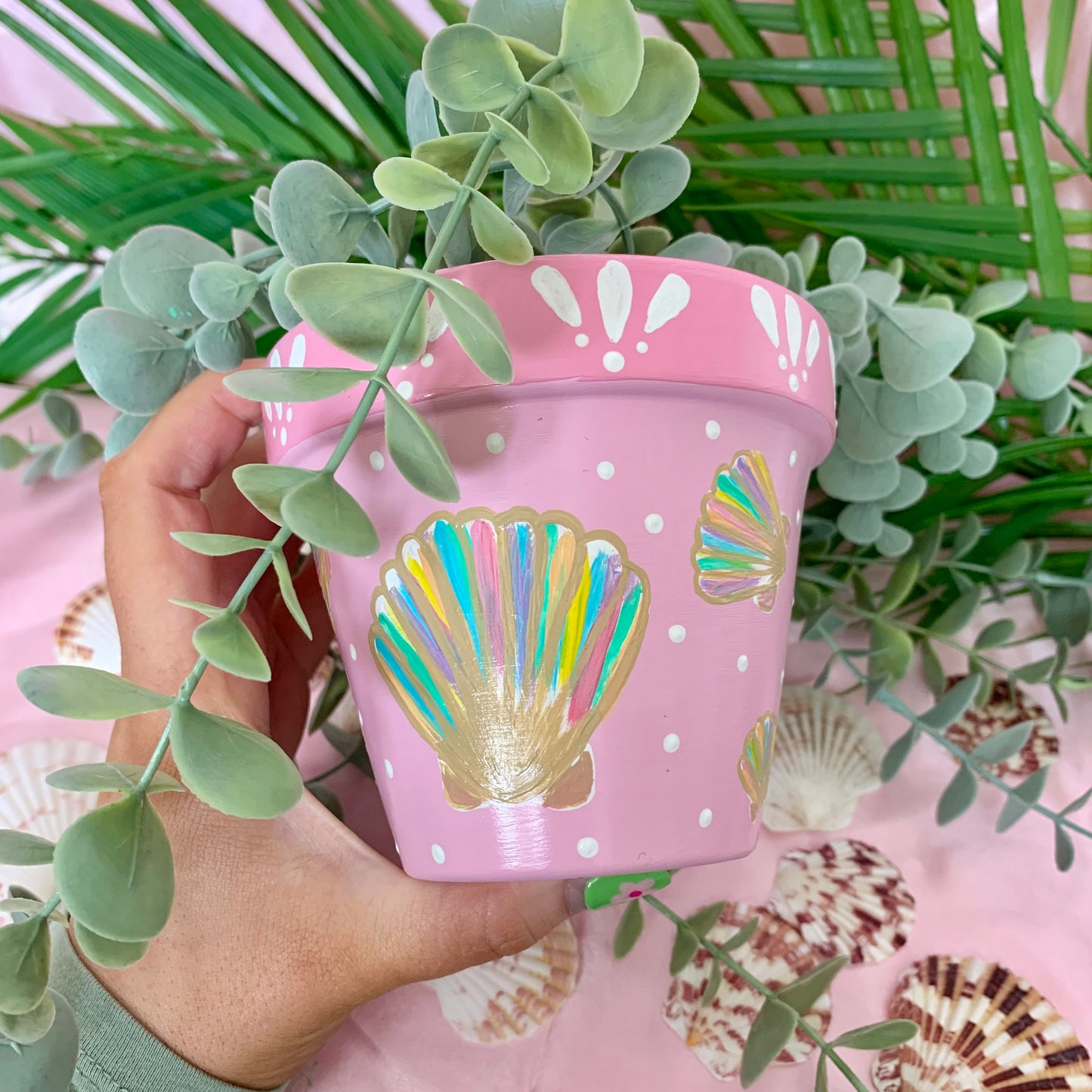 Hand Painted Pink Rainbow Shell Plant Pot