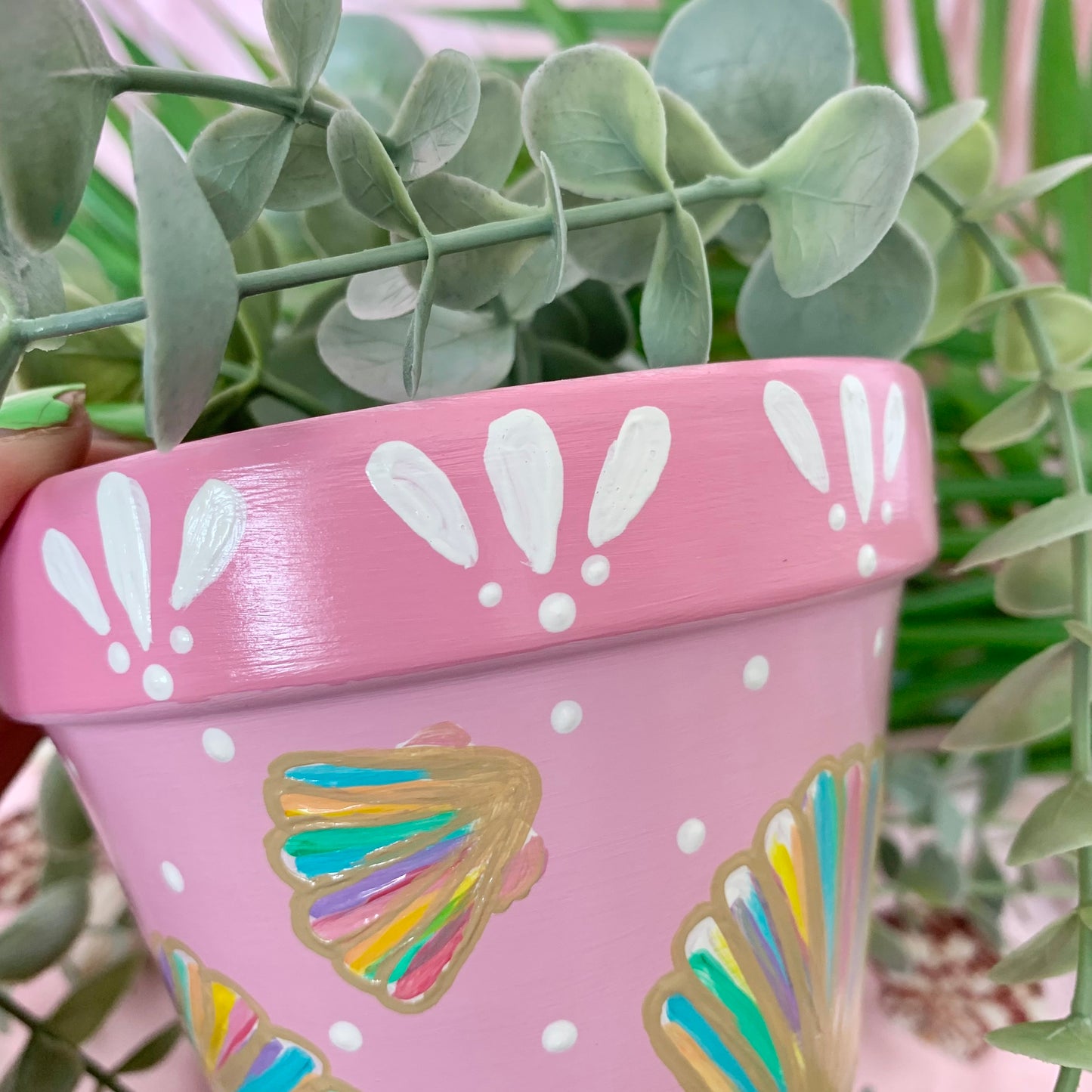 Hand Painted Pink Rainbow Shell Plant Pot