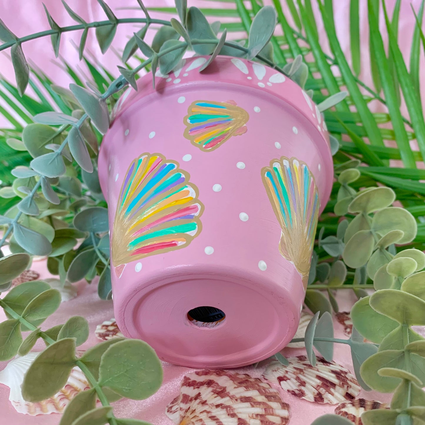 Hand Painted Pink Rainbow Shell Plant Pot