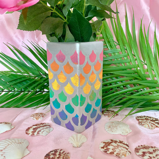 Hand Painted Metallic Mermaid Scale Ceramic Flower Vase RAINBOW