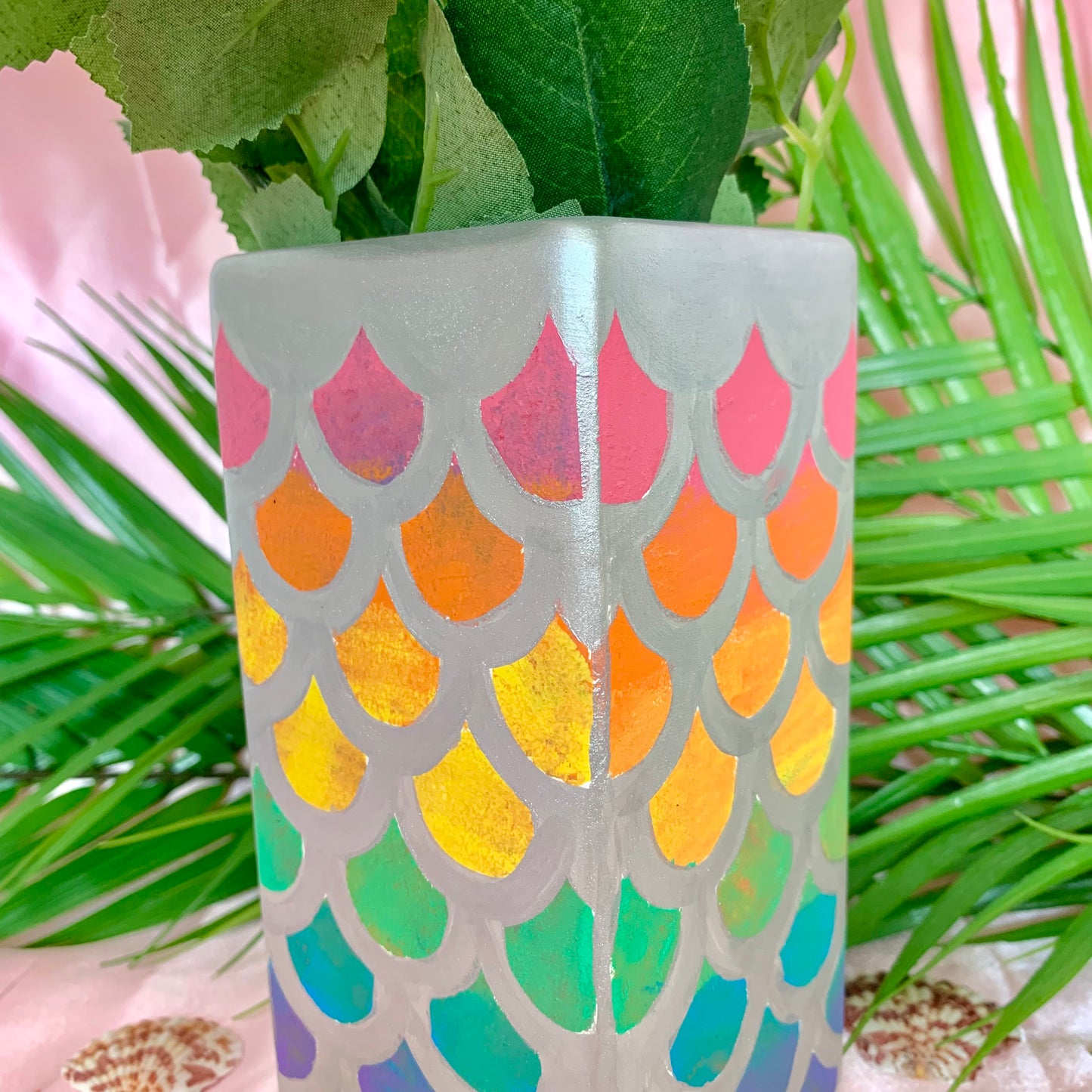 Hand Painted Metallic Mermaid Scale Ceramic Flower Vase RAINBOW