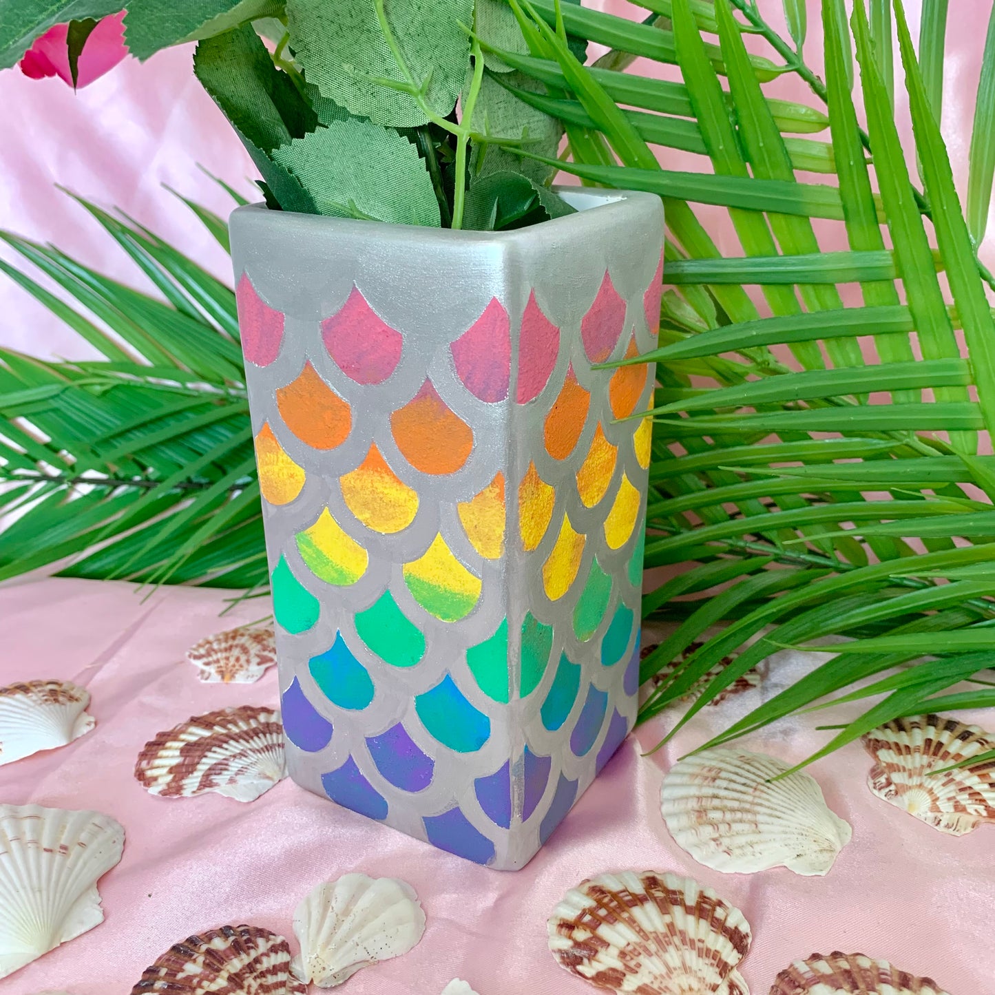 Hand Painted Metallic Mermaid Scale Ceramic Flower Vase RAINBOW