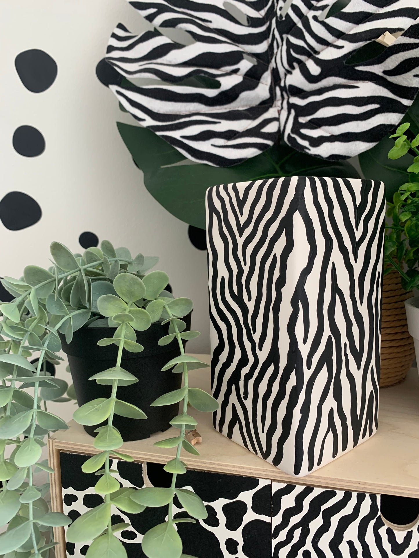 Hand Painted Black and White Zebra Print Ceramic Vase