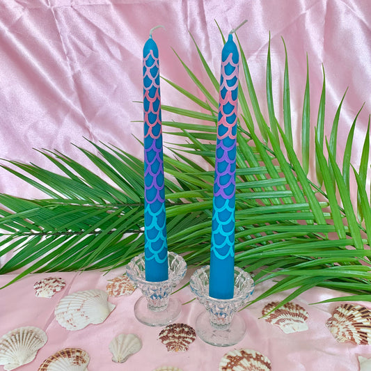 Hand Painted Set of 2 Mermaid Scale Candles