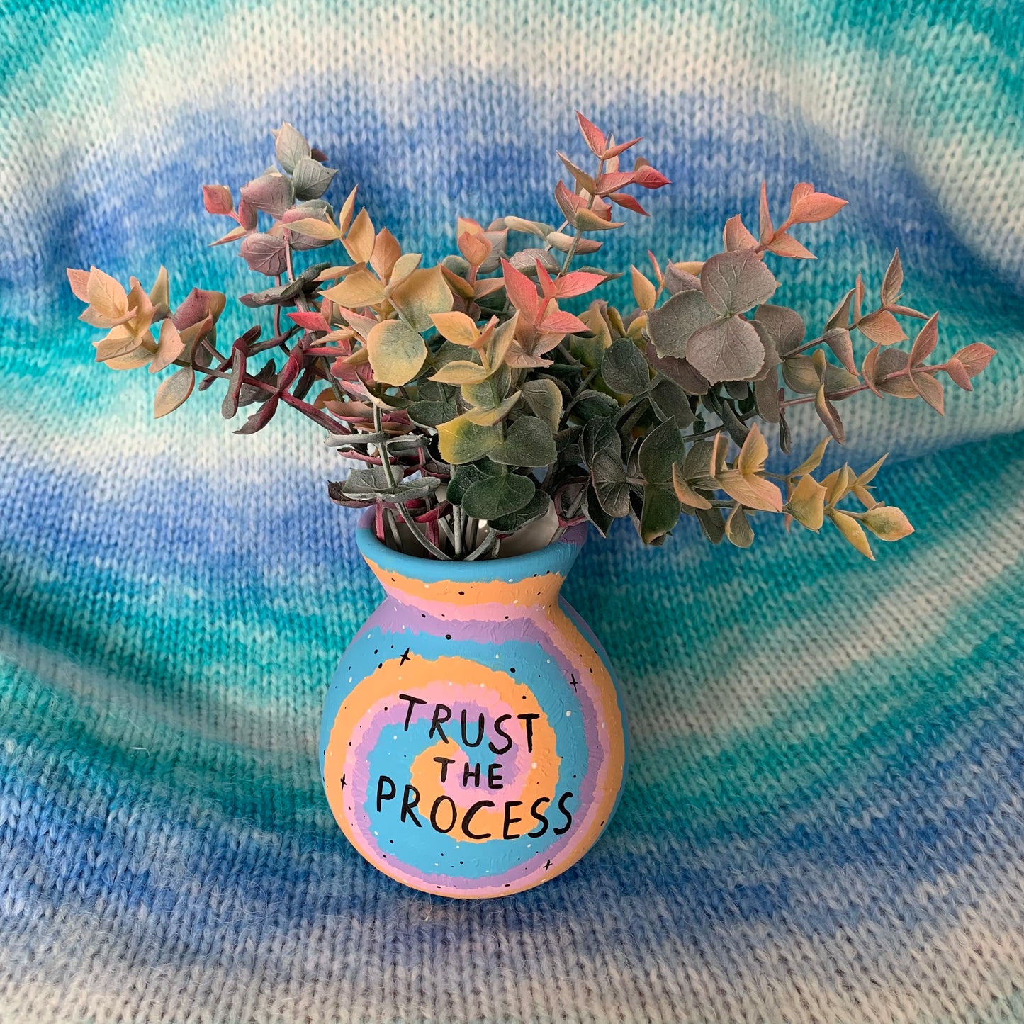 Hand Painted Trust the Process Tie Dye Ceramic Vase