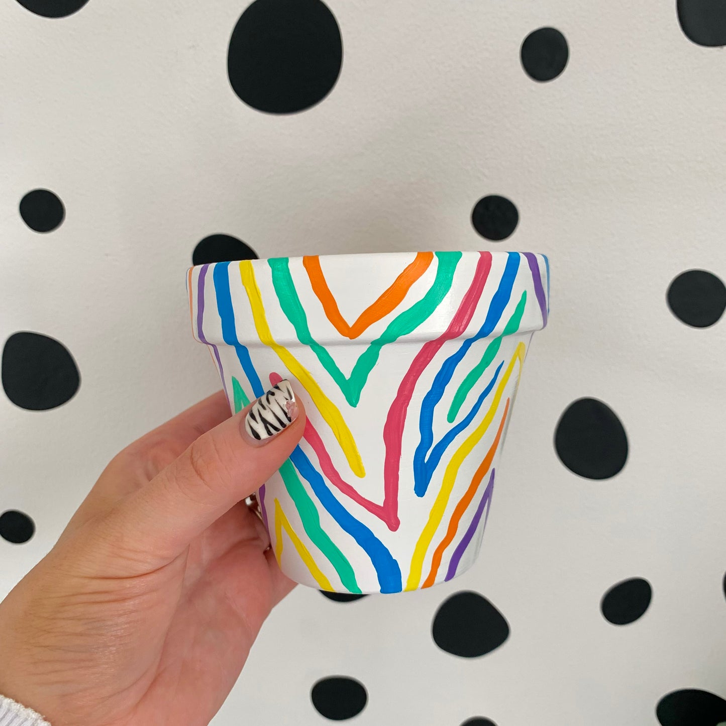 Hand Painted Rainbow Zebra Print Plant Pot