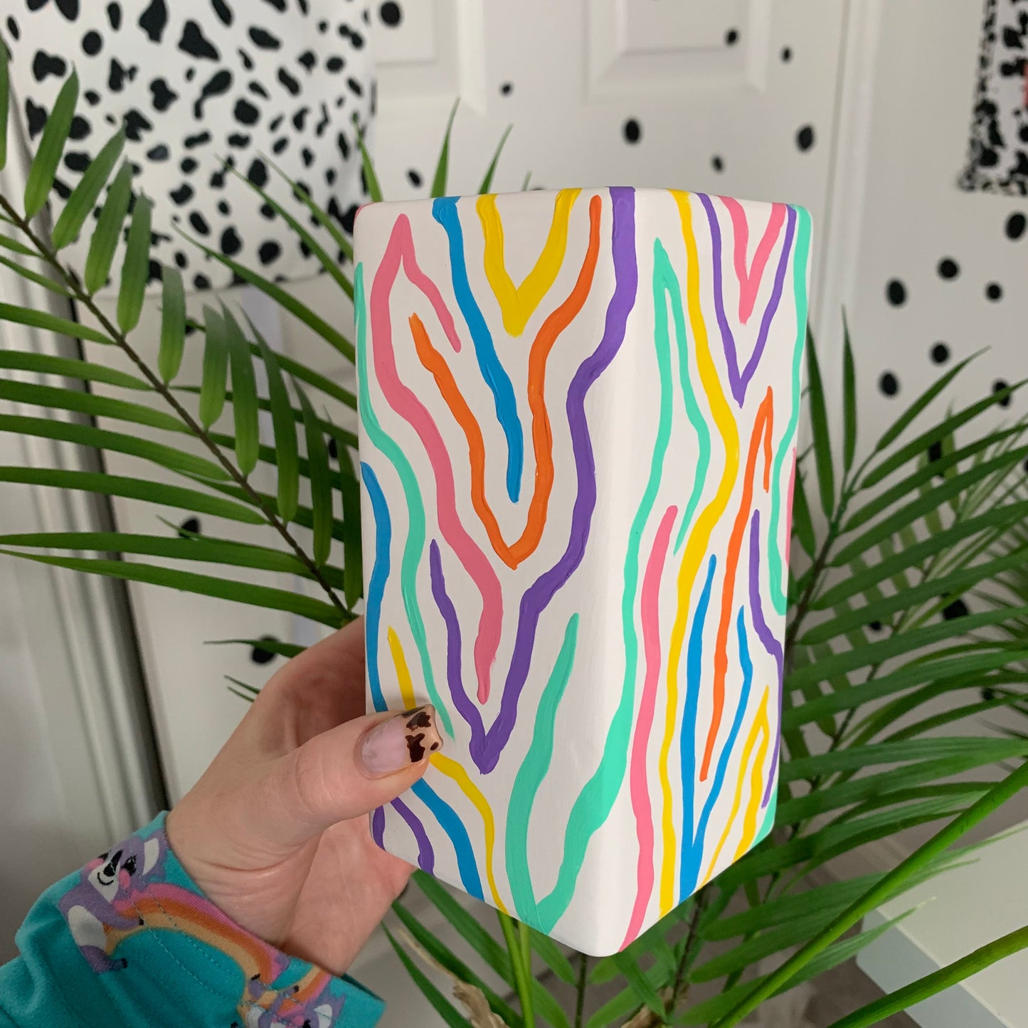 Hand Painted Rainbow Zebra Print Ceramic Vase