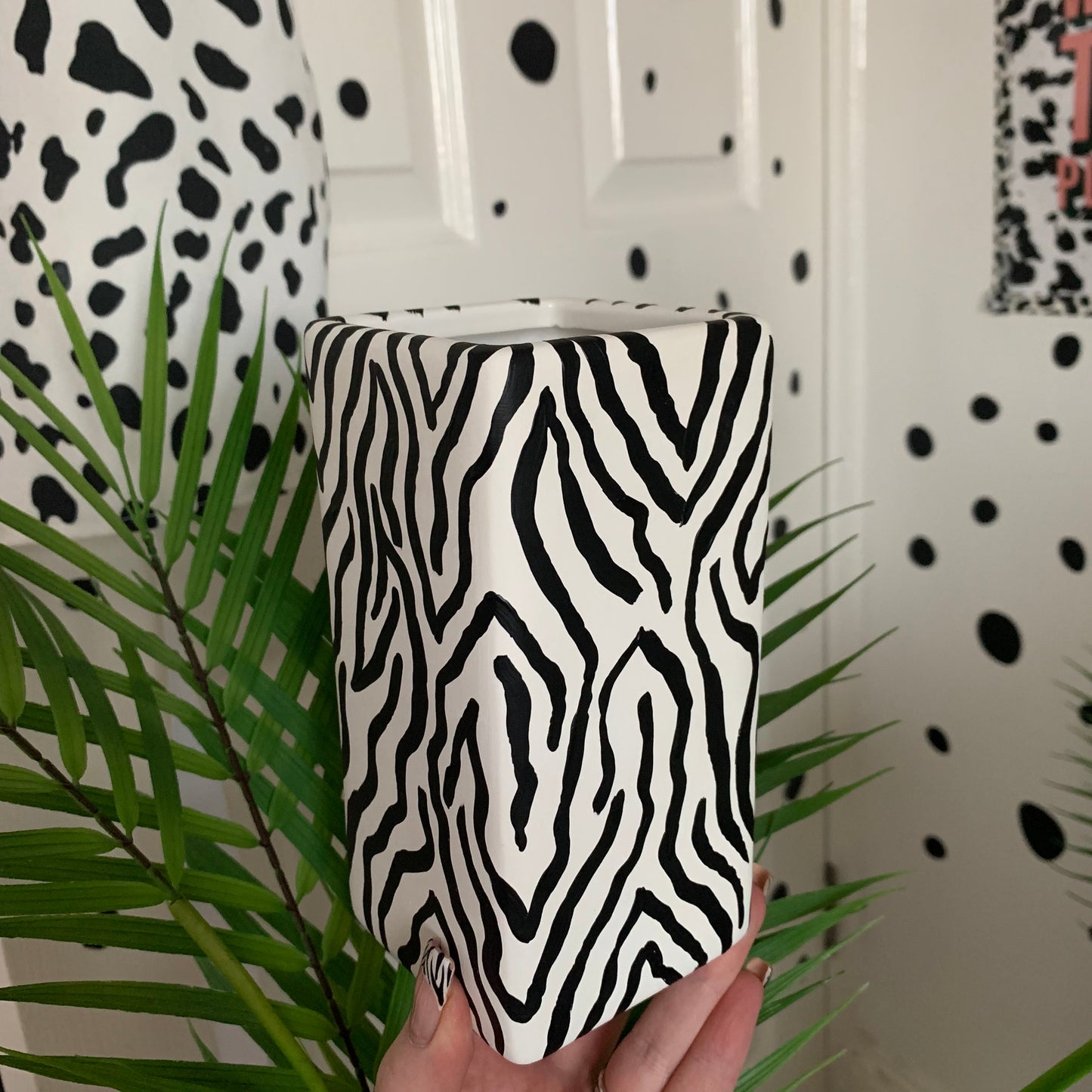 Hand Painted Black and White Zebra Print Ceramic Vase