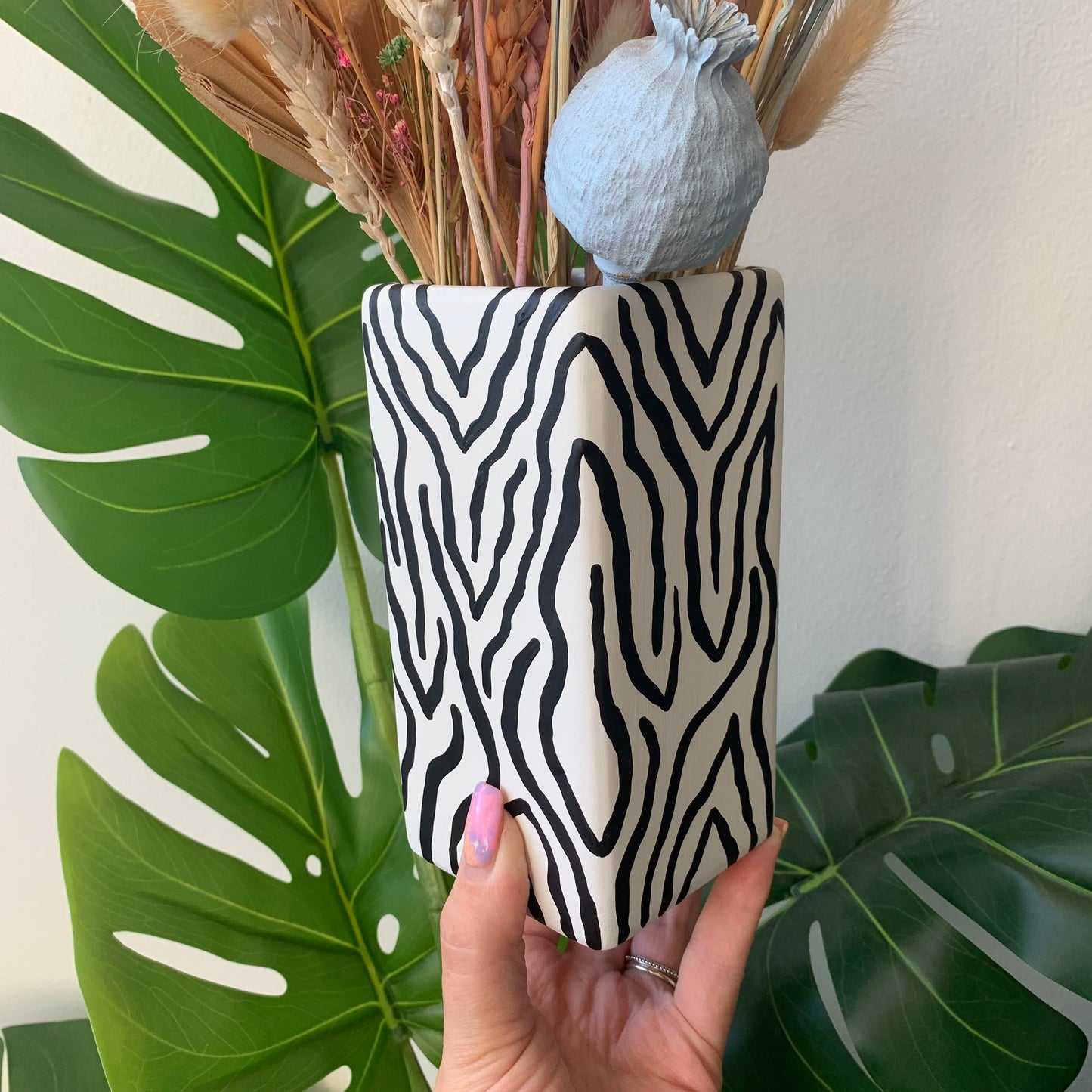 Hand Painted Black and White Zebra Print Ceramic Vase