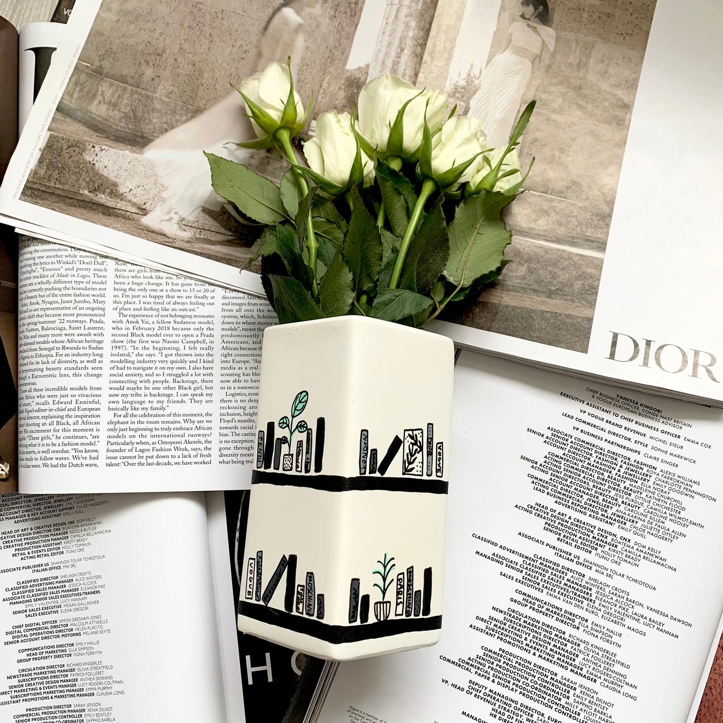 Hand Painted Monochrome Bookshelf Ceramic Vase