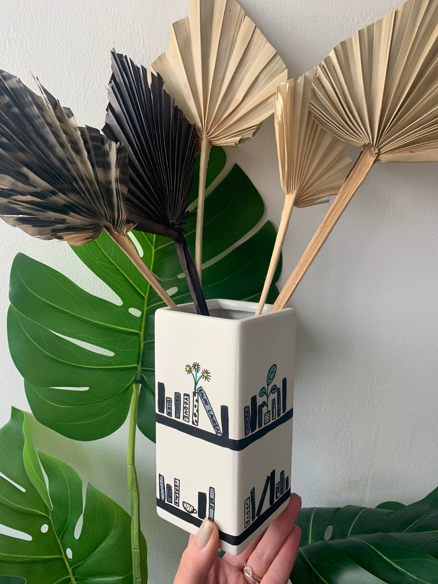 Hand Painted Monochrome Bookshelf Ceramic Vase