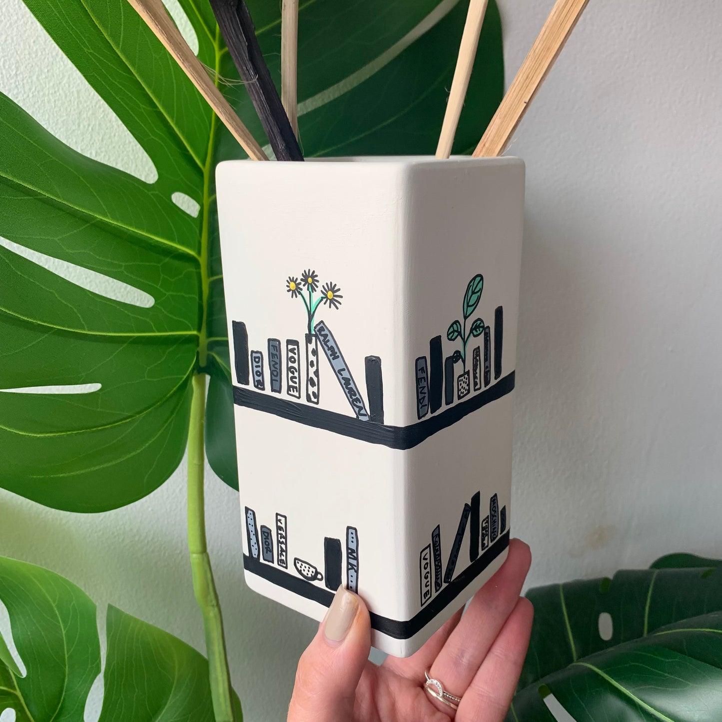 Hand Painted Monochrome Bookshelf Ceramic Vase