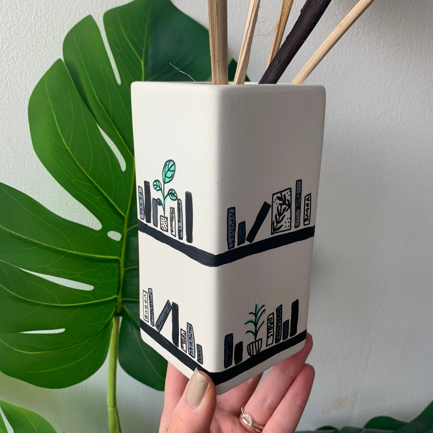 Hand Painted Monochrome Bookshelf Ceramic Vase