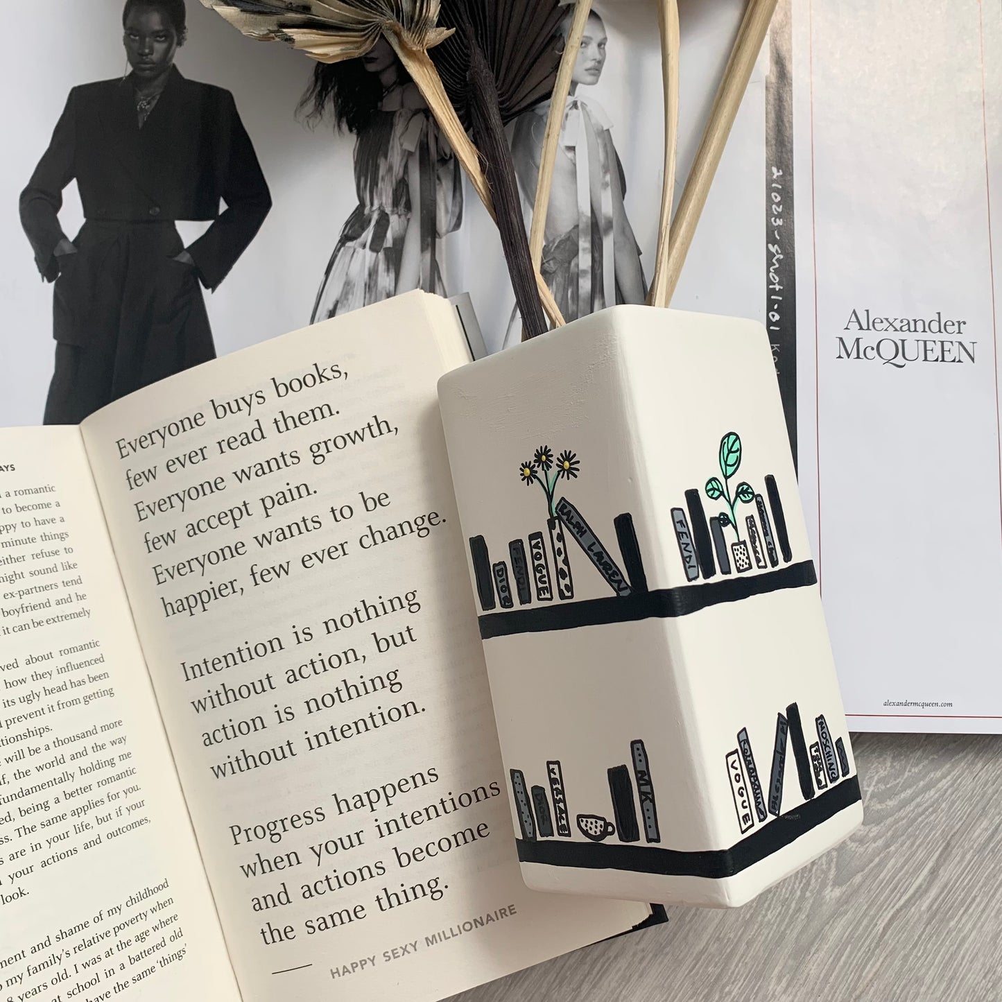 Hand Painted Monochrome Bookshelf Ceramic Vase